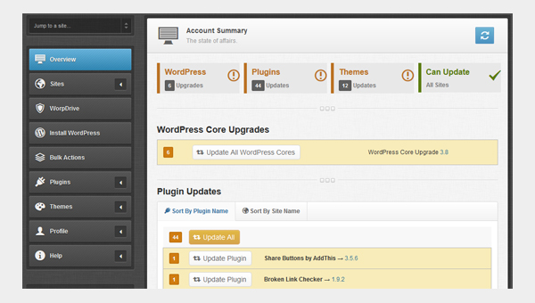 the iControlWP WordPress management dashboard