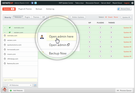 the InfiniteWP WordPress management dashboard