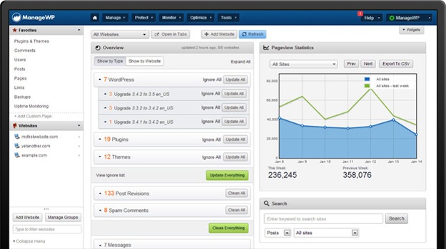 the ManageWP WordPress management dashboard