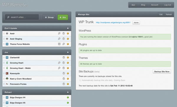 the WP Remote WordPress management dashboard