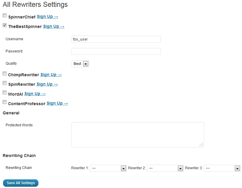 All Rewriters plugin settings page